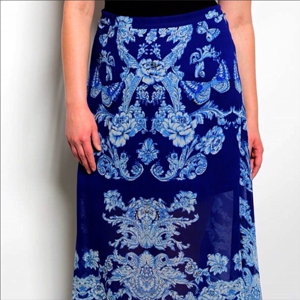 Blue and White Floral Abstract Long Summer Maxi Skirt NEW